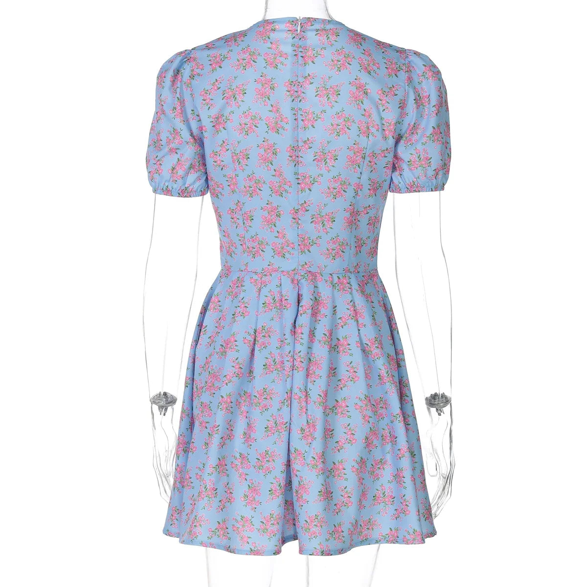Hugcitar 2026 Floral Print V Neck Short Sleeve Lace Up Zip Up Sexy Slim Pleated Mini Dress Summer Elegant Outfits Party Vacation